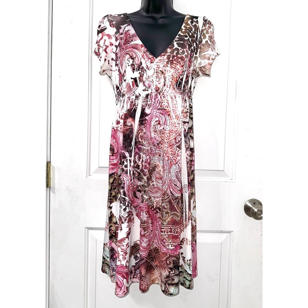 R. Rouge short sleeve pink paisley print empire waist dress